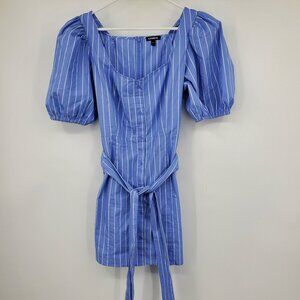 Express Blue and White Striped Women's Puff Sleeve Button Front Belted Dress Lar